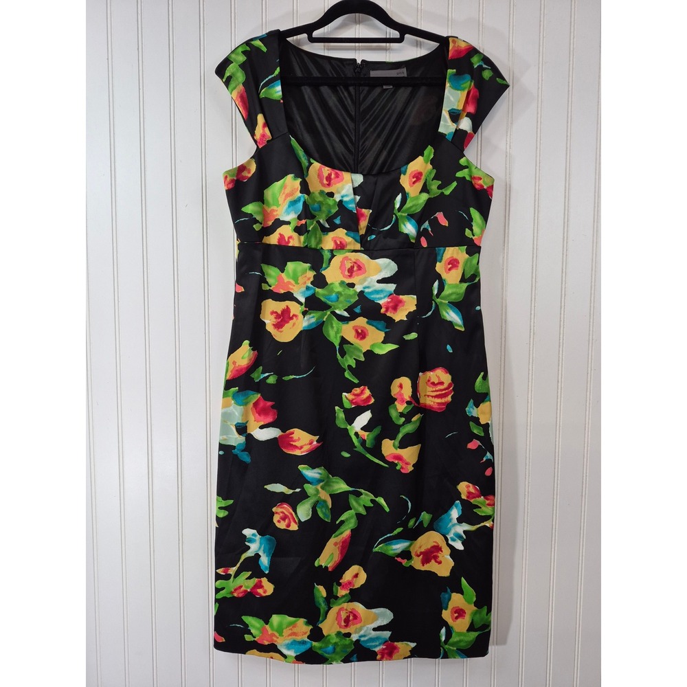 Bice Womens Floral Sheath Dress Black Multi Color Cap Sleeve Square Neck Size 12